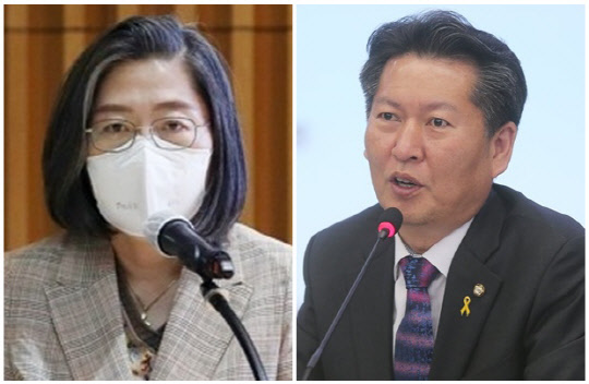 이수정(왼쪽) 국민의힘 중앙선거대책위원회 공동선대위원장과 정청래 더불어민주당 의원. 연합뉴스